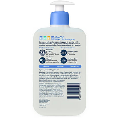 CeraVe Baby Wash & Shampoo, Tear-Free 2-in-1 Bath Wash for Hair & Skin, with Vitamin E, Fragrance-Free, Paraben-Free, Dye-Free, Phthalates-Free, Sulfate-Free, 16oz - dailyvitalstore