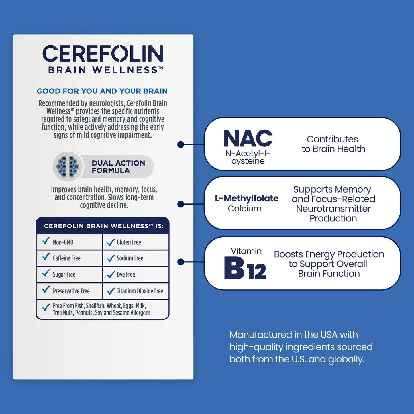 Cerefolin Brain Wellness, Targeted Nutrition for Cognitive Support, Improves Memory, Focus & Concentration, L-Methylfolate, NAC, B12, Neurologist Recommended (30 Count) - dailyvitalstore