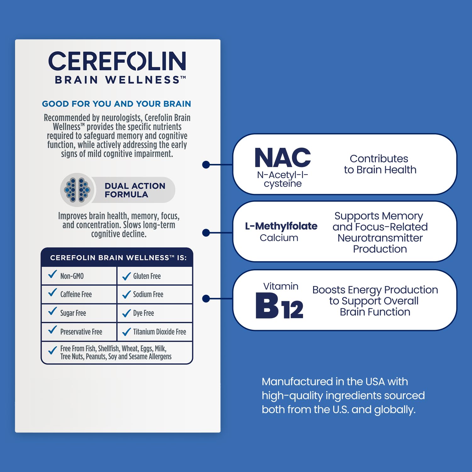 Cerefolin Brain Wellness, Targeted Nutrition for Cognitive Support, Improves Memory, Focus & Concentration, L-Methylfolate, NAC, B12, Neurologist Recommended (30 Count) - dailyvitalstore