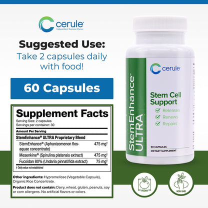 Cerule StemEnhance Ultra Natural Stem Cell Support Supplement – Freshwater Microalgae and Marine Macroalgae Extracts for Cellular Renewal, Immune Function, Energy, and Tissue Recovery – 60 Capsules - dailyvitalstore