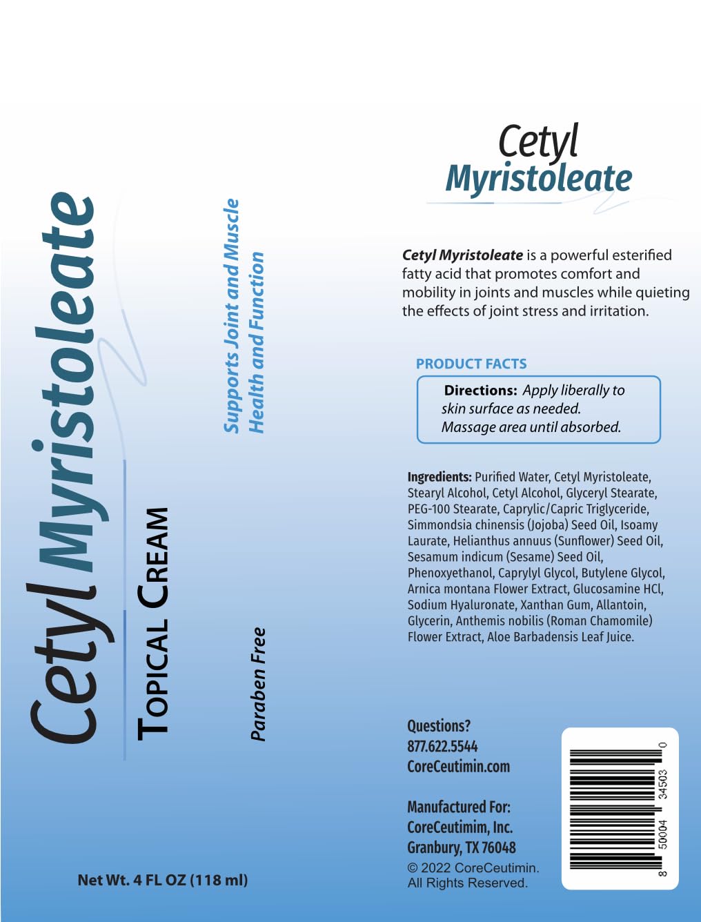 Cetyl Myristoleate Topical Cream Omega 5 Fatty Acid - Helps Reduce Joint and Muscle Discomfort - Includes Arnica, Glucosamine, Aloe,Jojoba, Sunflower & Sesame Seed Oil - 4oz. by Coreceutimin - dailyvitalstore
