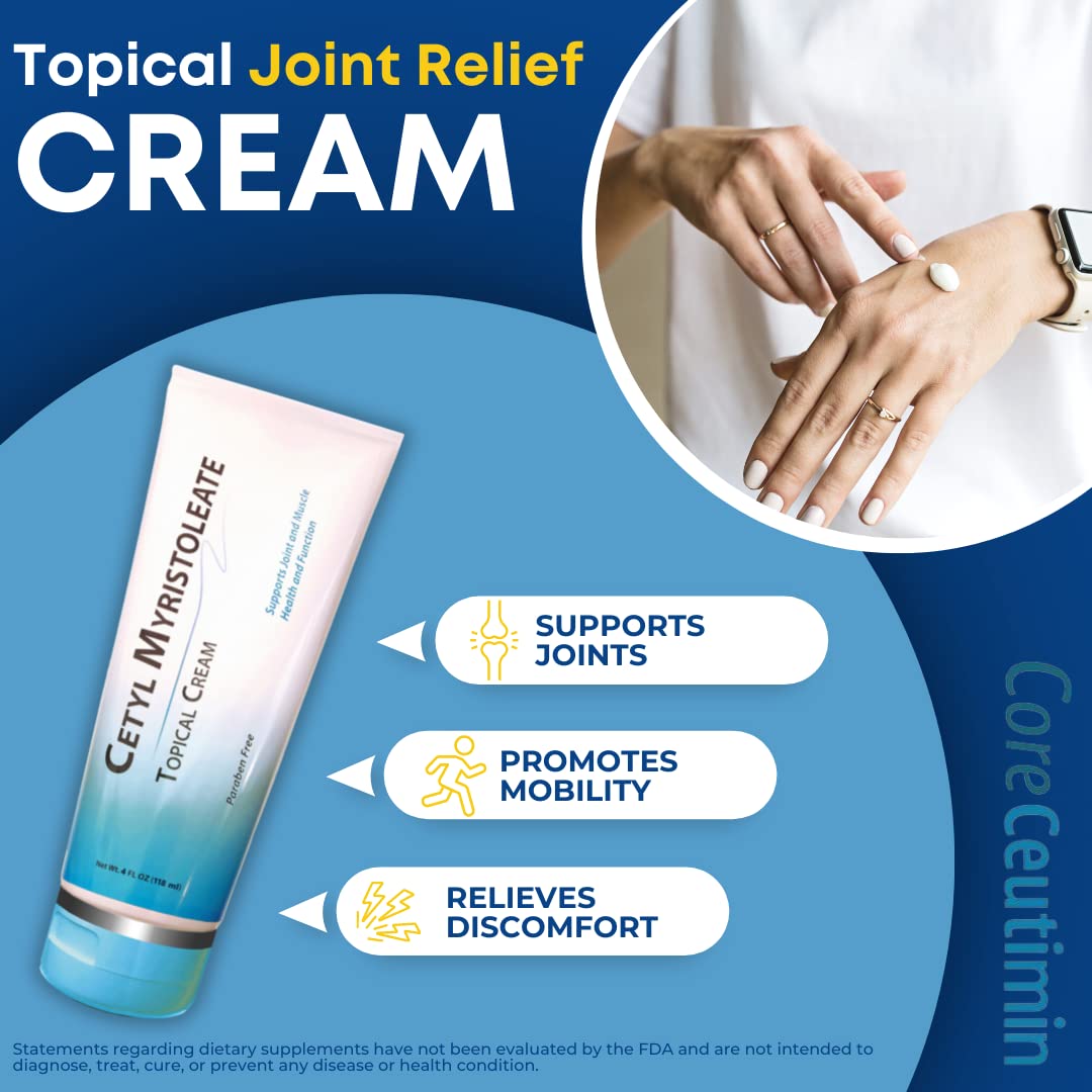 Cetyl Myristoleate Topical Cream Omega 5 Fatty Acid - Helps Reduce Joint and Muscle Discomfort - Includes Arnica, Glucosamine, Aloe,Jojoba, Sunflower & Sesame Seed Oil - 4oz. by Coreceutimin - dailyvitalstore