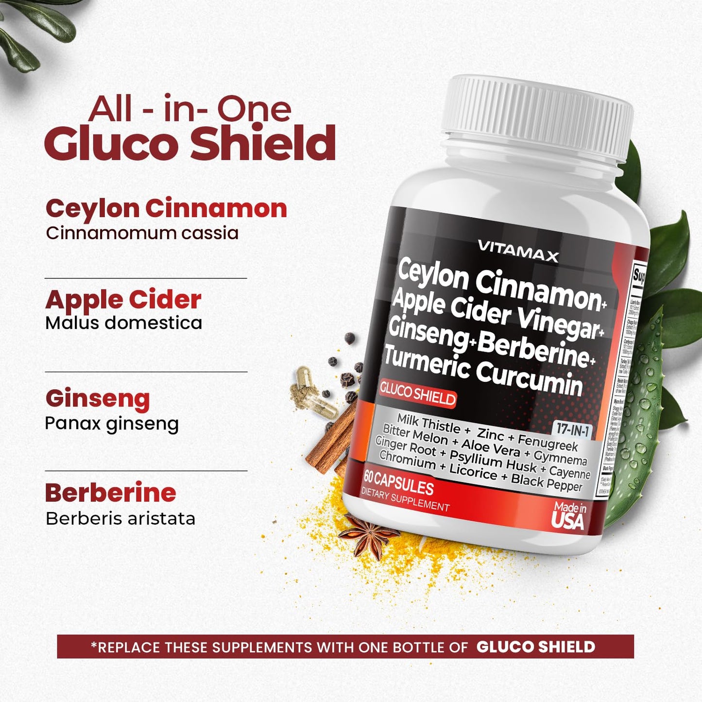 Ceylon Cinnamon, Apple Cider Vinegar, Turmeric - Gluco Health Support - Panax Ginseng, Berberine, Bitter Melon Milk Thistle Fenugreek - dailyvitalstore