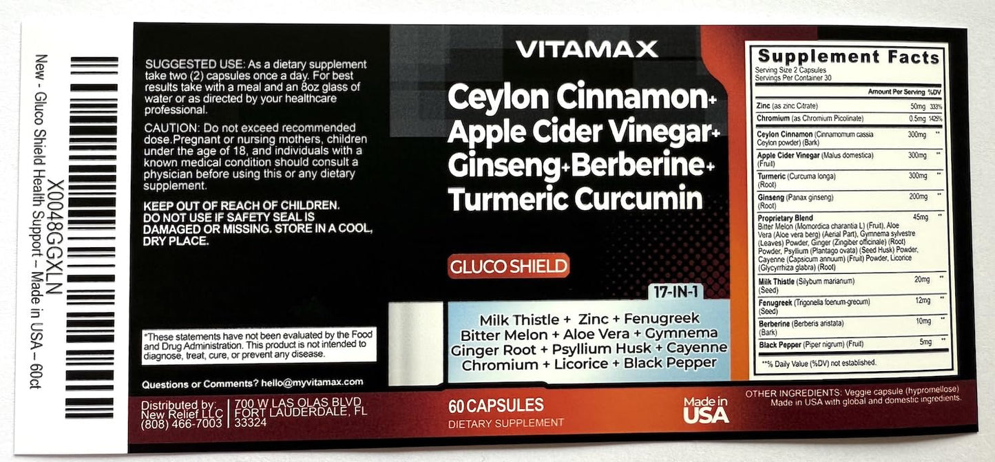 Ceylon Cinnamon, Apple Cider Vinegar, Turmeric - Gluco Health Support - Panax Ginseng, Berberine, Bitter Melon Milk Thistle Fenugreek - dailyvitalstore