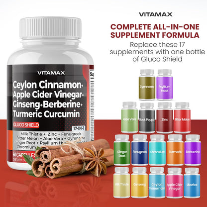 Ceylon Cinnamon, Apple Cider Vinegar, Turmeric - Gluco Health Support - Panax Ginseng, Berberine, Bitter Melon Milk Thistle Fenugreek - dailyvitalstore