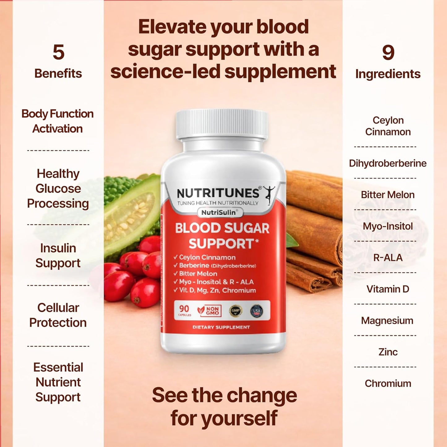 Ceylon Cinnamon (Dihydroberberine) Supplement for Blood Sugar Support with Added Blood Sugar Complex Myo-Inositol Bitter Melon R-ALA VIT. D Chromium Magnesium & Zn– 90 NutriSulin Capsules - dailyvitalstore
