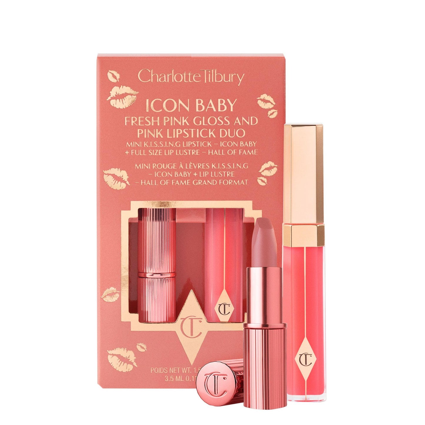 Charlotte Tilbury Icon Baby Lip Duo Kit - Mini K.I.S.S.I.N.G Satin Shimmer Lipstick & Full Size Hall of Fame High Shine Gloss Set - Hydrating Long Lasting Makeup Duo for On-the-Go Glossy Shine - dailyvitalstore