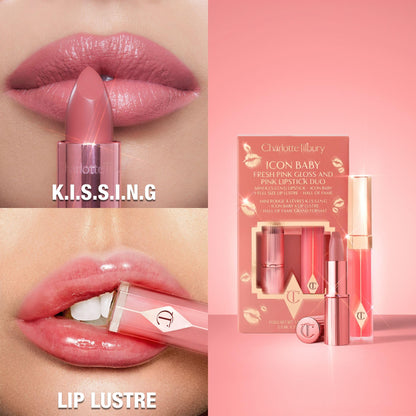 Charlotte Tilbury Icon Baby Lip Duo Kit - Mini K.I.S.S.I.N.G Satin Shimmer Lipstick & Full Size Hall of Fame High Shine Gloss Set - Hydrating Long Lasting Makeup Duo for On-the-Go Glossy Shine - dailyvitalstore