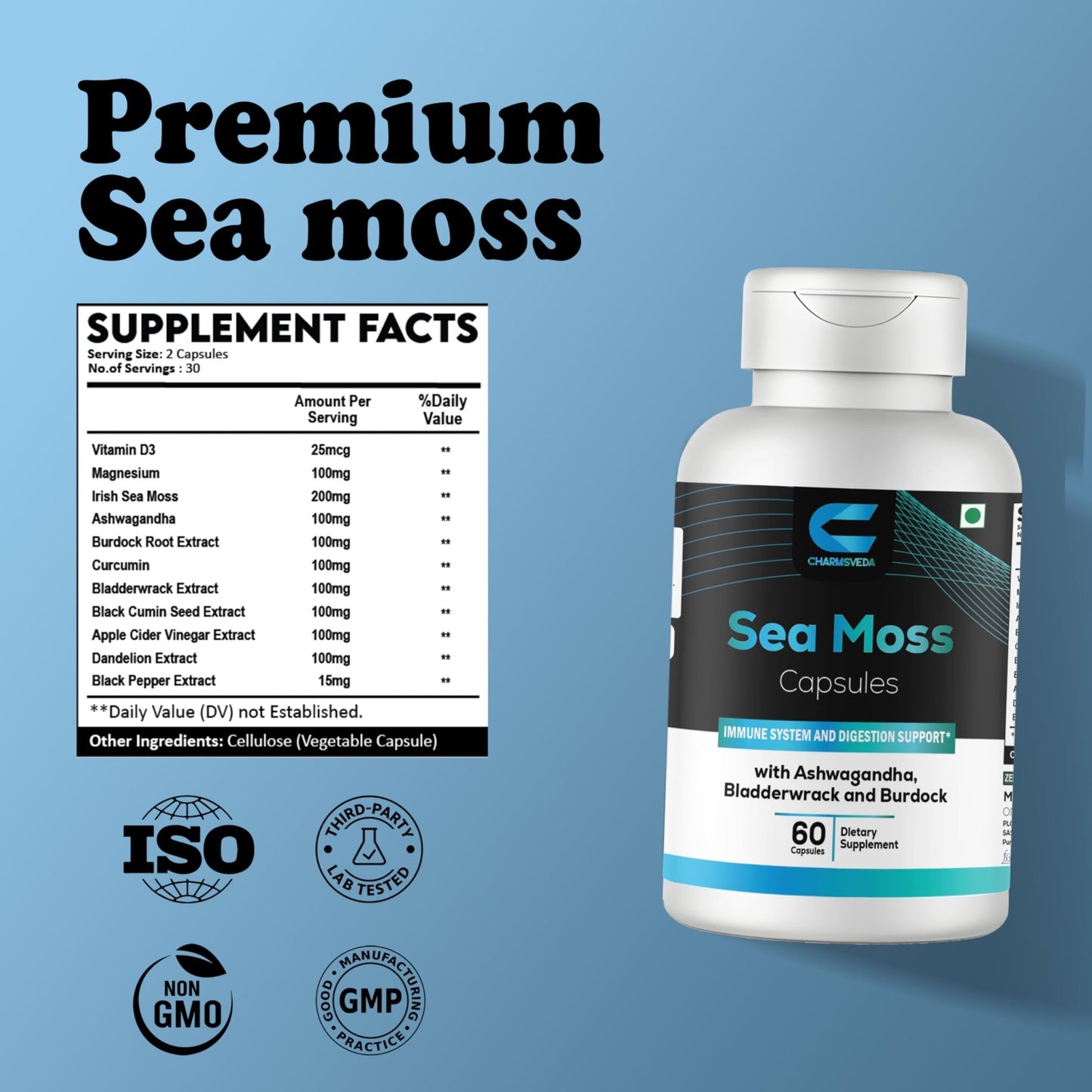CHARMSVEDA Sea Moss Capsules with Ashwagandha, Bladderwrack & Burdock – Overall Wellness & Immune Support, Support Digestive & Gut Health* – 60 Vegan Capsules - dailyvitalstore