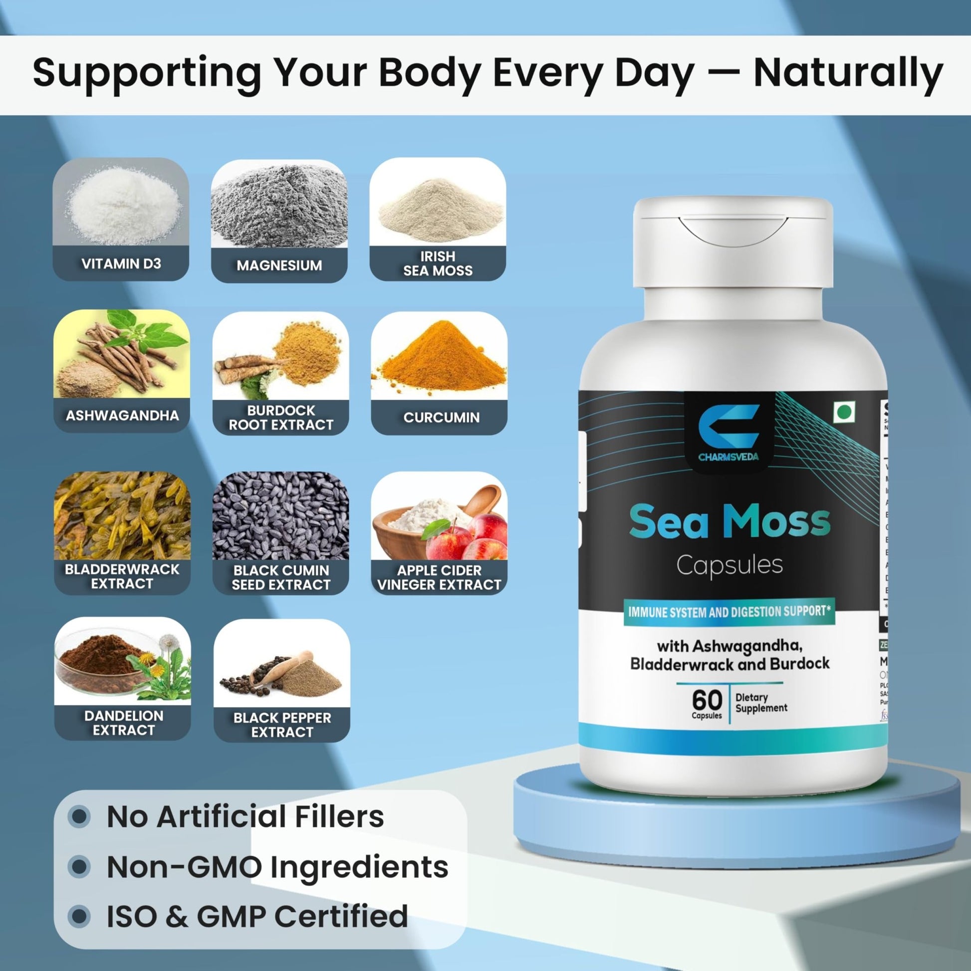 CHARMSVEDA Sea Moss Capsules with Ashwagandha, Bladderwrack & Burdock – Overall Wellness & Immune Support, Support Digestive & Gut Health* – 60 Vegan Capsules - dailyvitalstore