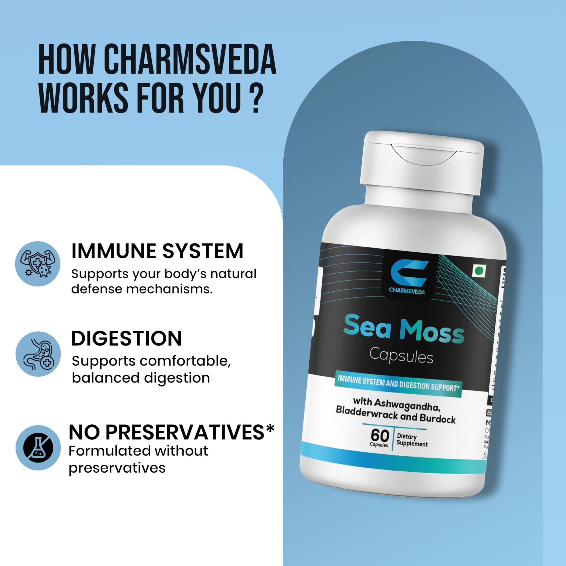 CHARMSVEDA Sea Moss Capsules with Ashwagandha, Bladderwrack & Burdock – Overall Wellness & Immune Support, Support Digestive & Gut Health* – 60 Vegan Capsules - dailyvitalstore