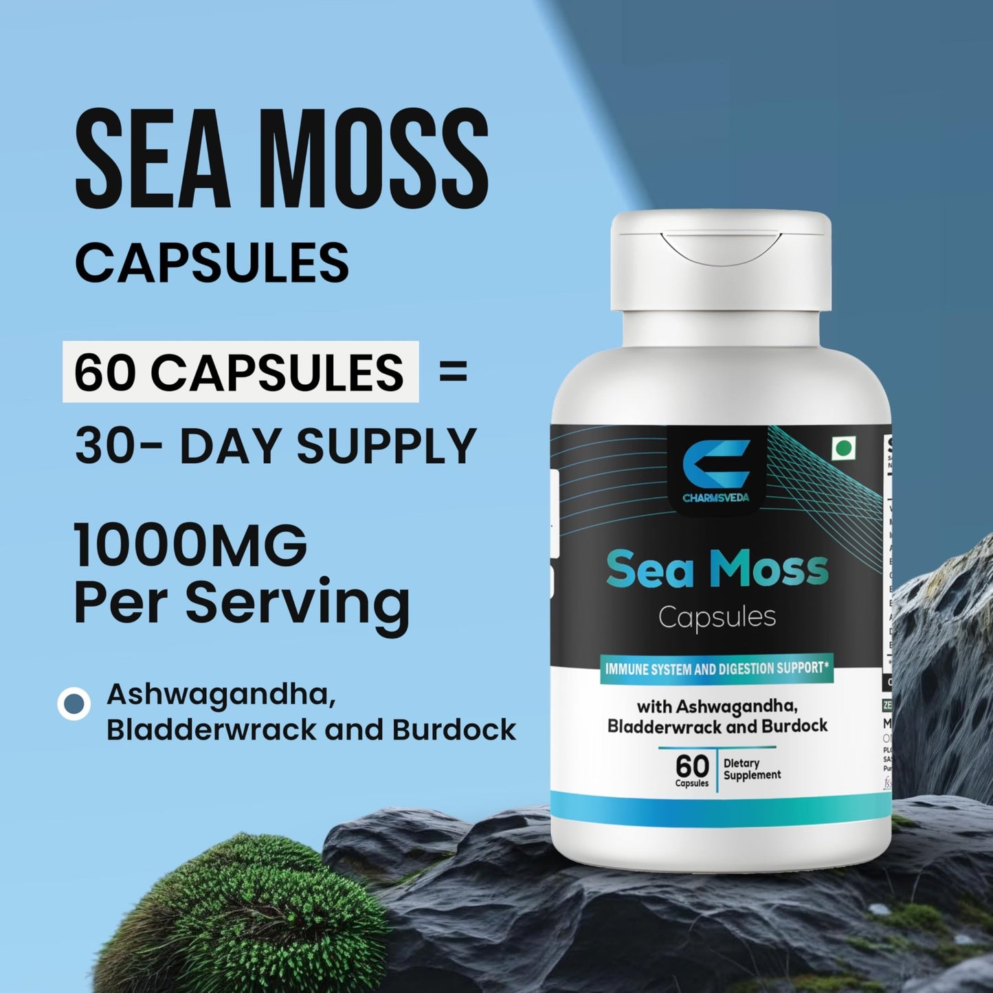 CHARMSVEDA Sea Moss Capsules with Ashwagandha, Bladderwrack & Burdock – Overall Wellness & Immune Support, Support Digestive & Gut Health* – 60 Vegan Capsules - dailyvitalstore