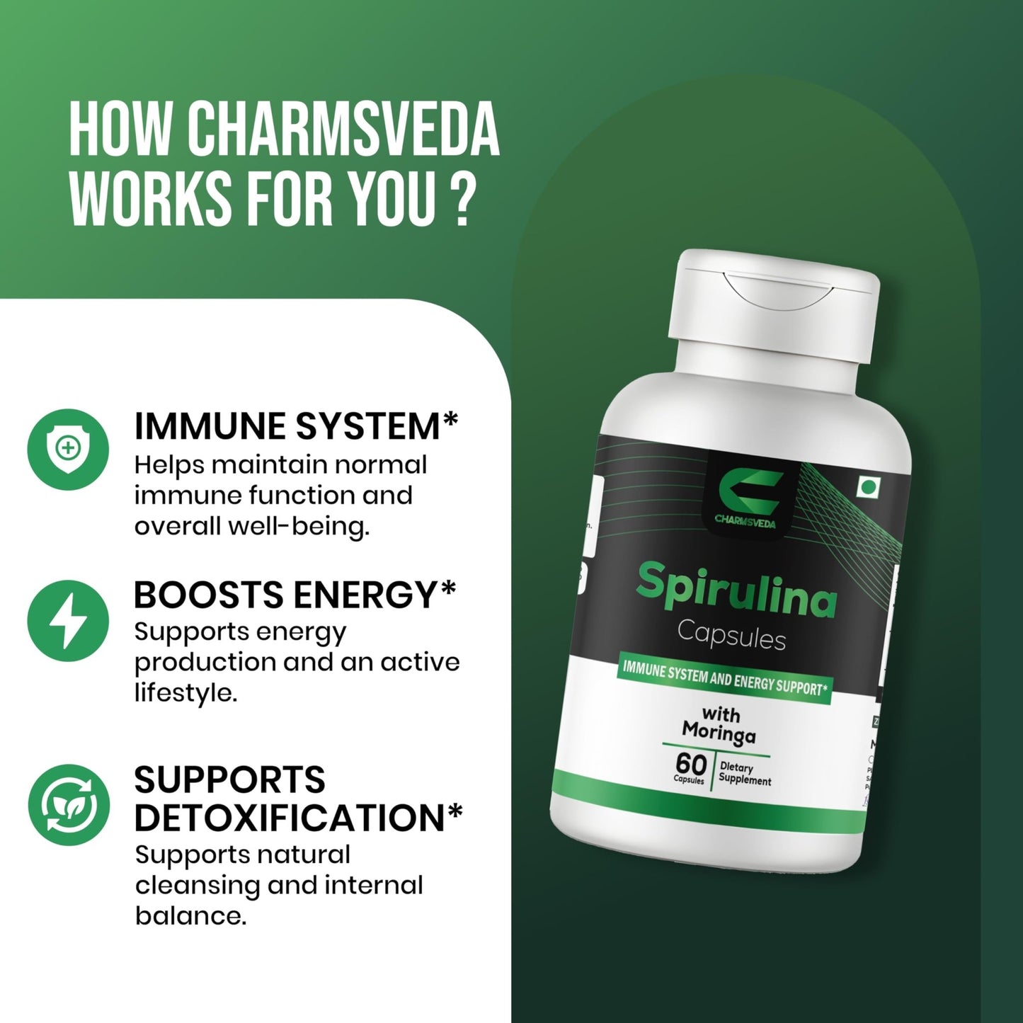 CHARMSVEDA Spirulina Capsules with Moringa – Herbal Immune Support* – 60 Vegan Capsules - dailyvitalstore