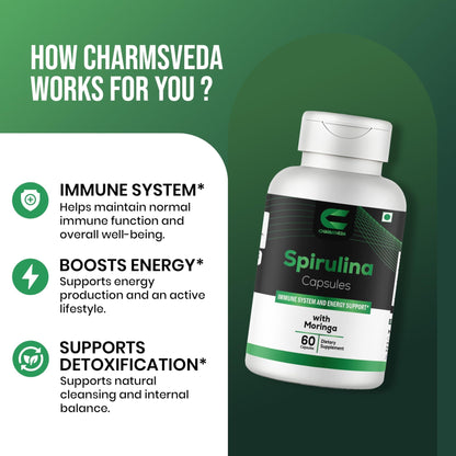 CHARMSVEDA Spirulina Capsules with Moringa – Herbal Immune Support* – 60 Vegan Capsules - dailyvitalstore