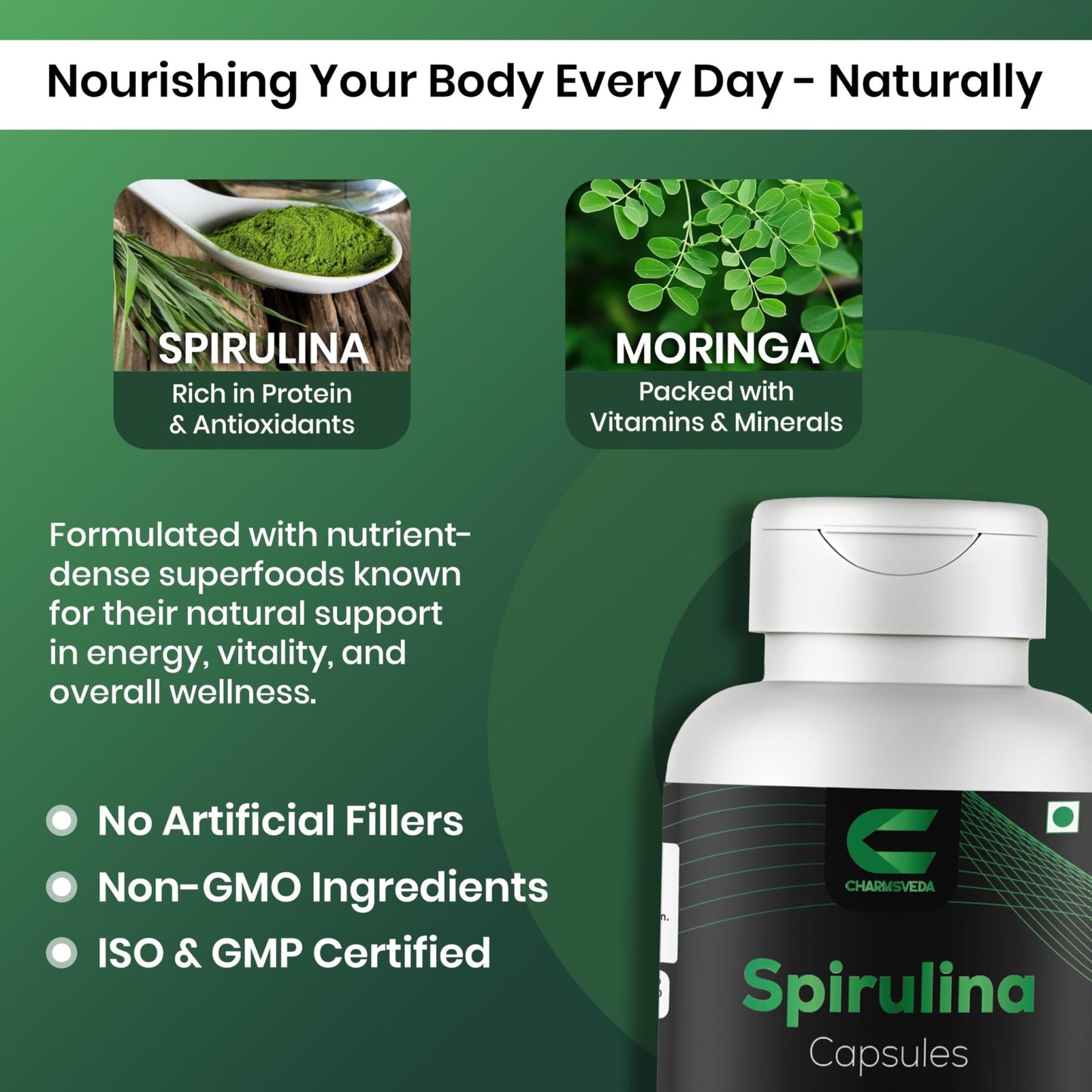 CHARMSVEDA Spirulina Capsules with Moringa – Herbal Immune Support* – 60 Vegan Capsules - dailyvitalstore