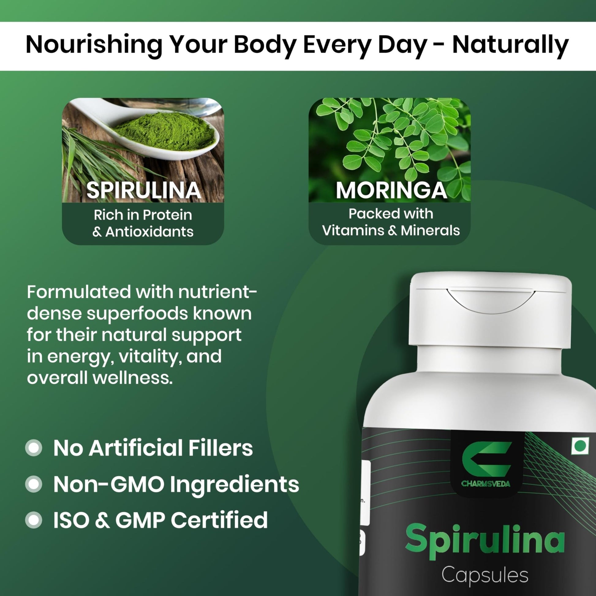 CHARMSVEDA Spirulina Capsules with Moringa – Herbal Immune Support* – 60 Vegan Capsules - dailyvitalstore