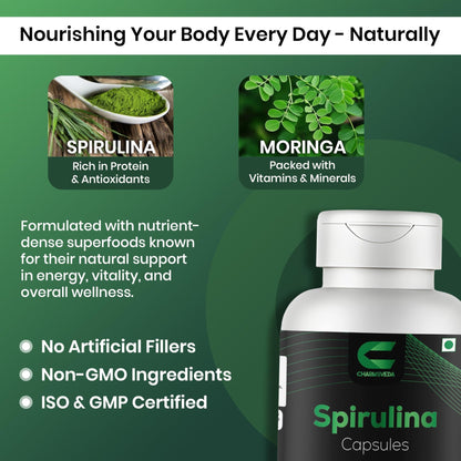 CHARMSVEDA Spirulina Capsules with Moringa – Herbal Immune Support* – 60 Vegan Capsules - dailyvitalstore