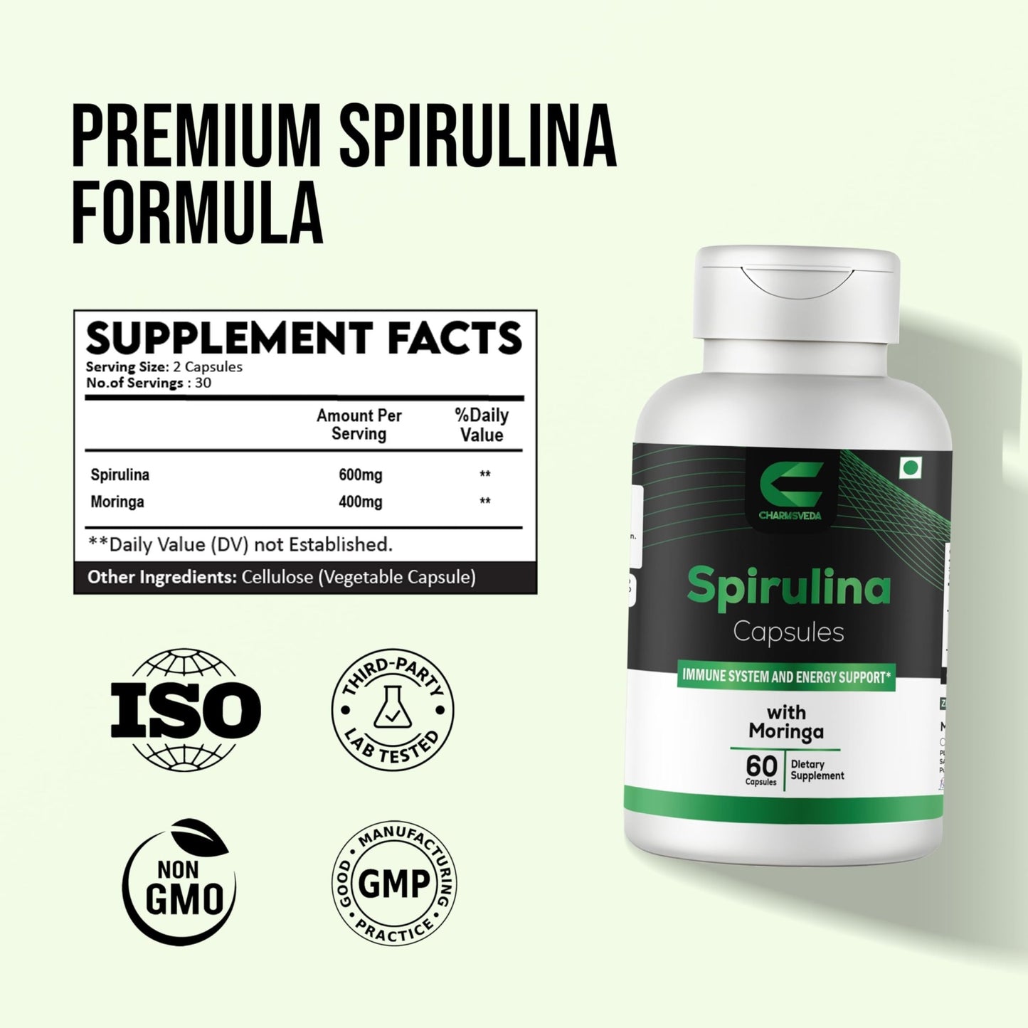 CHARMSVEDA Spirulina Capsules with Moringa – Herbal Immune Support* – 60 Vegan Capsules - dailyvitalstore