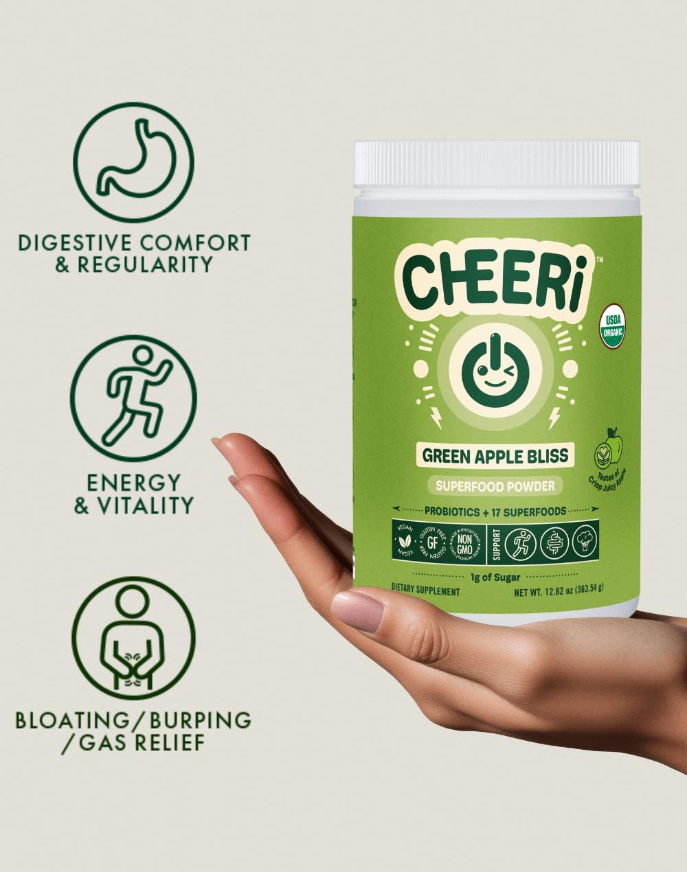 Cheerific Crisp Apple Greens Superfood Powder - 20+ Organic Superfoods + Prebiotic & Probiotics + More - Keto Friendly - Supports Positive Mood, Gut Health - Vegan, Gluten Free, Non-GMO - 30 Day - dailyvitalstore