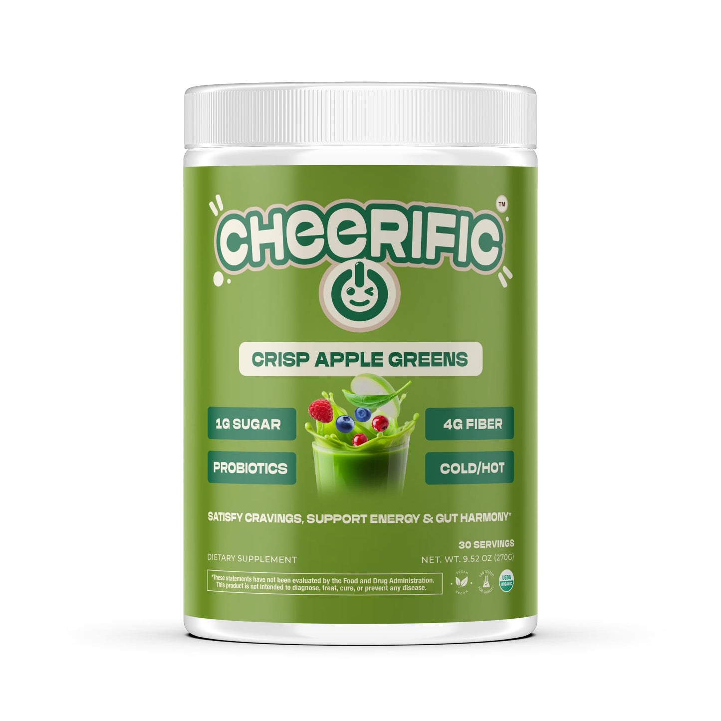Cheerific Crisp Apple Greens Superfood Powder - 20+ Organic Superfoods + Prebiotic & Probiotics + More - Keto Friendly - Supports Positive Mood, Gut Health - Vegan, Gluten Free, Non-GMO - 30 Day - dailyvitalstore