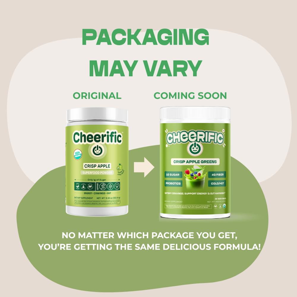 Cheerific Crisp Apple Greens Superfood Powder - 20+ Organic Superfoods + Prebiotic & Probiotics + More - Keto Friendly - Supports Positive Mood, Gut Health - Vegan, Gluten Free, Non-GMO - 30 Day - dailyvitalstore