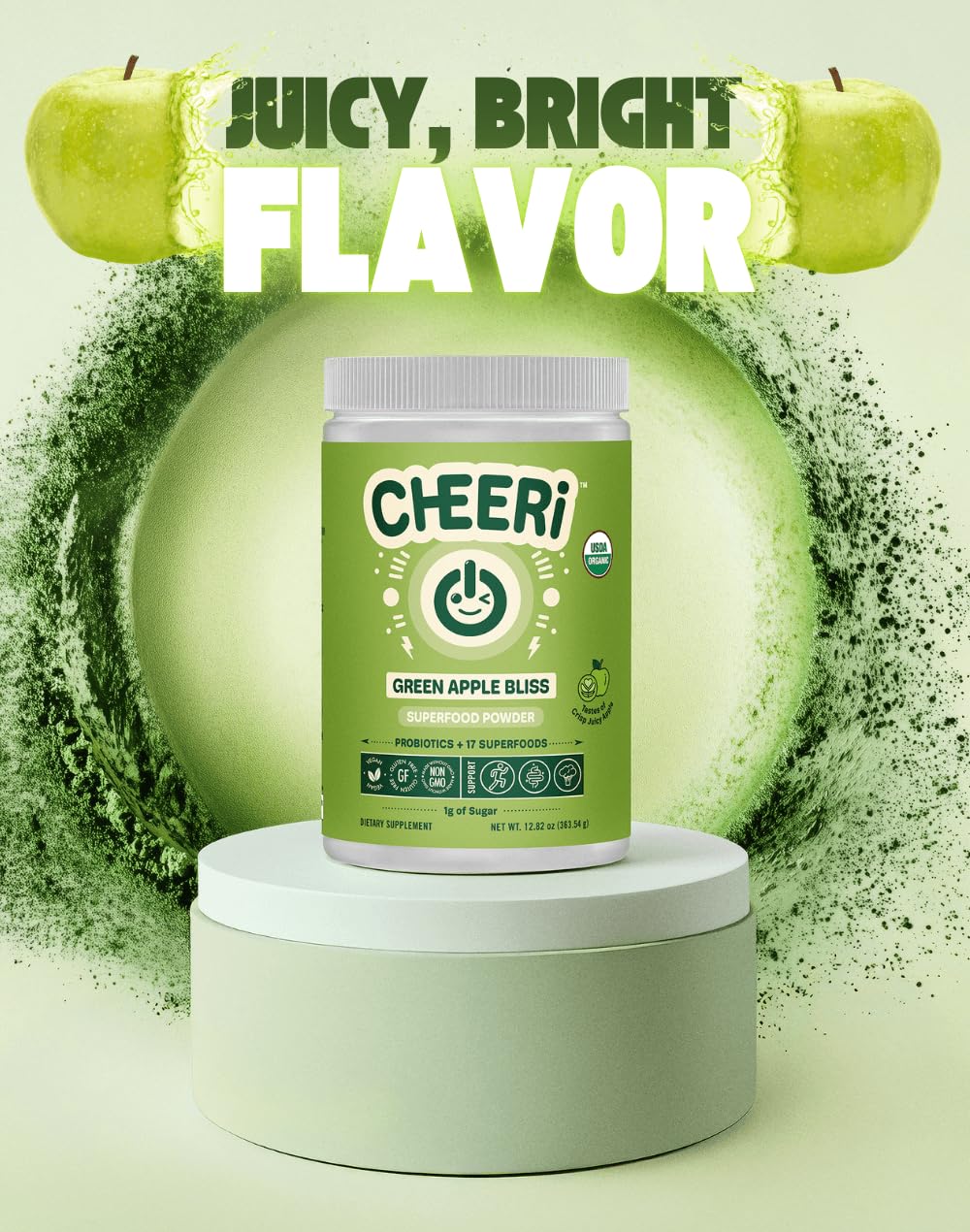Cheerific Green Apple Bliss Superfood Powder - 20+ Organic Superfoods + Prebiotic & Probiotics + More - Keto Friendly - Supports Positive Mood, Gut Health - Vegan, Gluten Free, Non-GMO - 30 Day Supply - dailyvitalstore