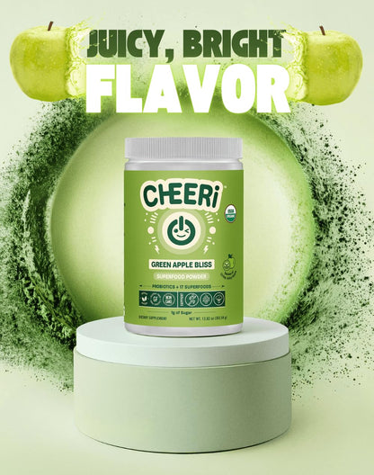 Cheerific Green Apple Bliss Superfood Powder - 20+ Organic Superfoods + Prebiotic & Probiotics + More - Keto Friendly - Supports Positive Mood, Gut Health - Vegan, Gluten Free, Non-GMO - 30 Day Supply - dailyvitalstore