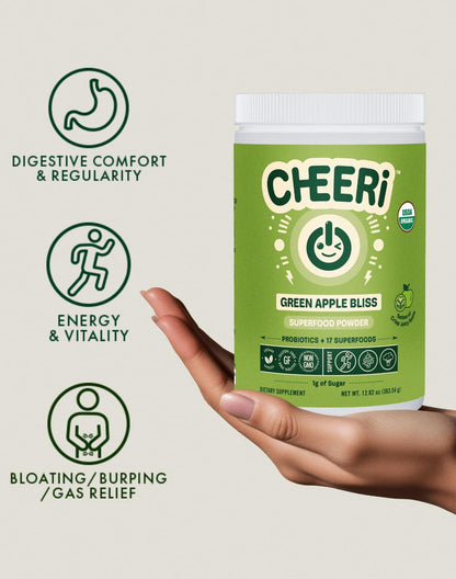 Cheerific Green Apple Bliss Superfood Powder - 20+ Organic Superfoods + Prebiotic & Probiotics + More - Keto Friendly - Supports Positive Mood, Gut Health - Vegan, Gluten Free, Non-GMO - 30 Day Supply - dailyvitalstore