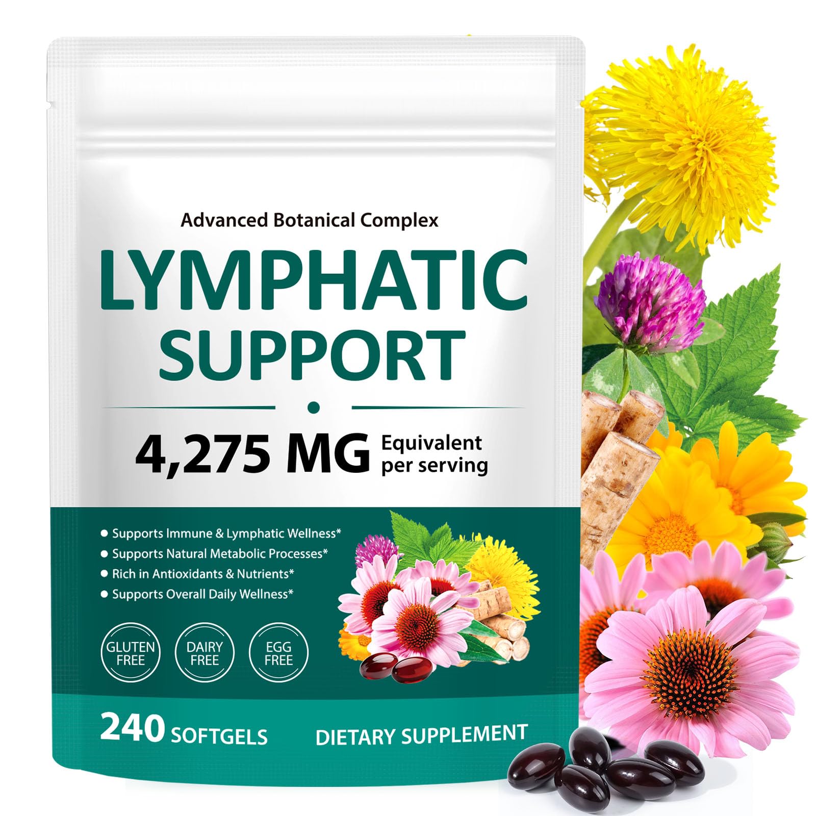 chenyayun Lymphatic Drainage Supplements, 240 Softfels, 21-in-1 Natural Herbal Blends with Echinacea, Dandelion, Burdock Root for Lymph System, Immune Support, Cleanse, Less Swelling/Bloating - dailyvitalstore
