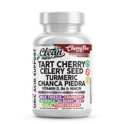 Cherry Flow Tart Cherry Capsules Uric Acid Support Celery Seed Turmeric Chanca Piedra Vitamin D Vitamin B6 Niacin Milk Thistle Moringa Extract Pomegranate Beets 90 Count By Clean Nutra - dailyvitalstore