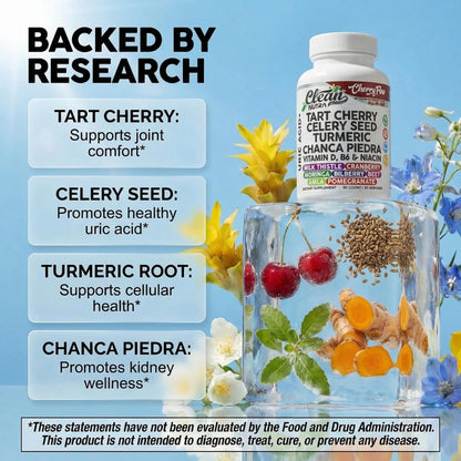 Cherry Flow Tart Cherry Capsules Uric Acid Support Celery Seed Turmeric Chanca Piedra Vitamin D Vitamin B6 Niacin Milk Thistle Moringa Extract Pomegranate Beets 90 Count By Clean Nutra - dailyvitalstore
