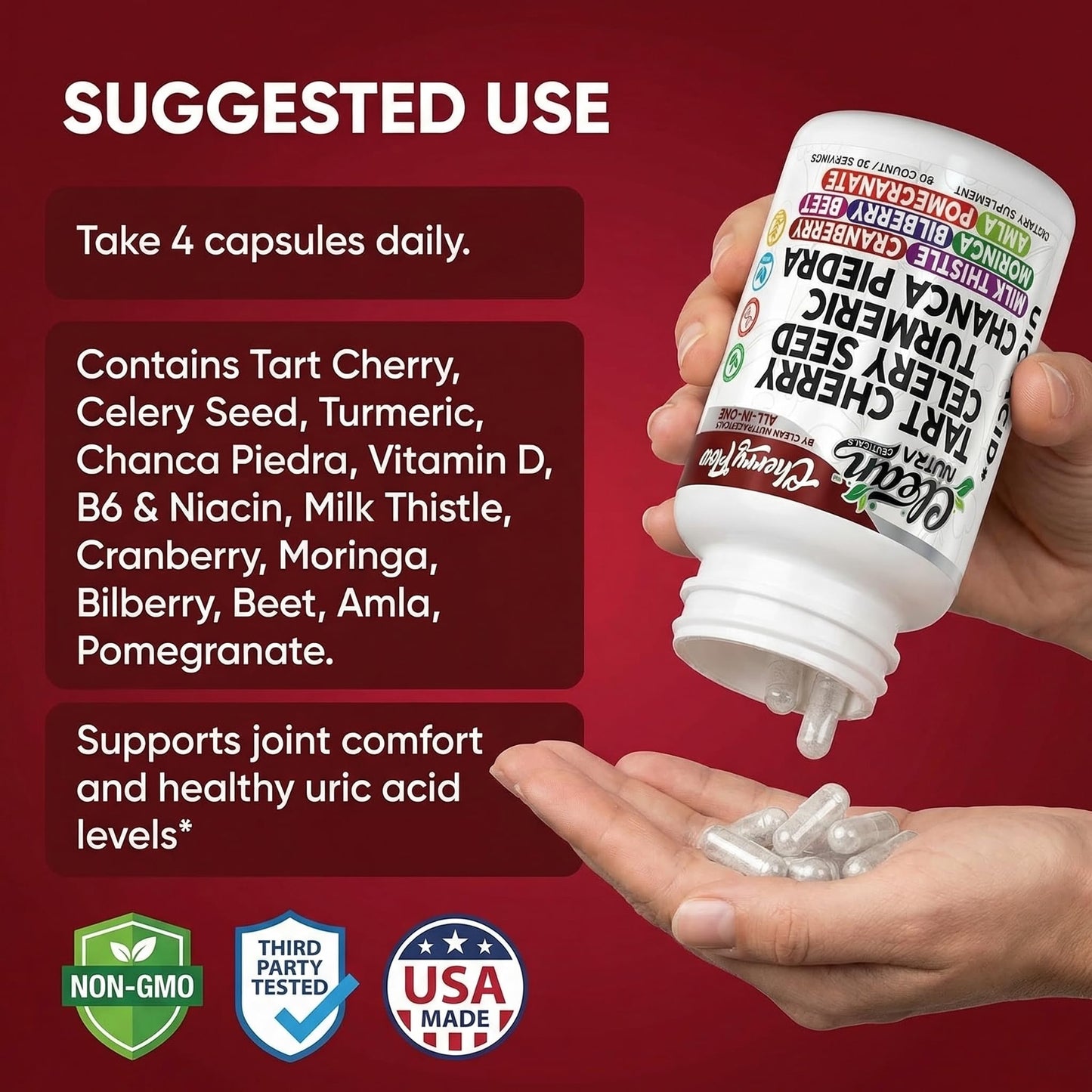 Cherry Flow Tart Cherry Capsules Uric Acid Support Celery Seed Turmeric Chanca Piedra Vitamin D Vitamin B6 Niacin Milk Thistle Moringa Extract Pomegranate Beets 90 Count By Clean Nutra - dailyvitalstore