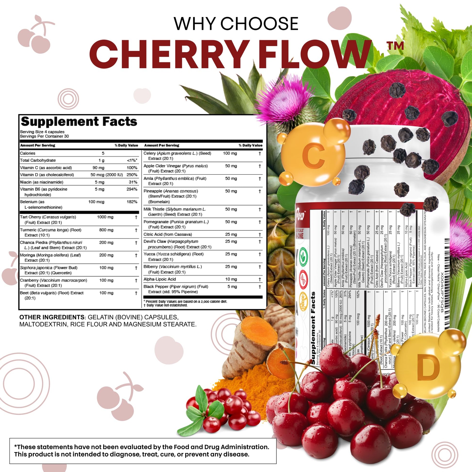 Cherry Flow Tart Cherry Capsules Uric Acid Support Celery Seed Turmeric Chanca Piedra Vitamin D Vitamin B6 Niacin Milk Thistle Moringa Extract Pomegranate Beets 90 Count By Clean Nutra - dailyvitalstore
