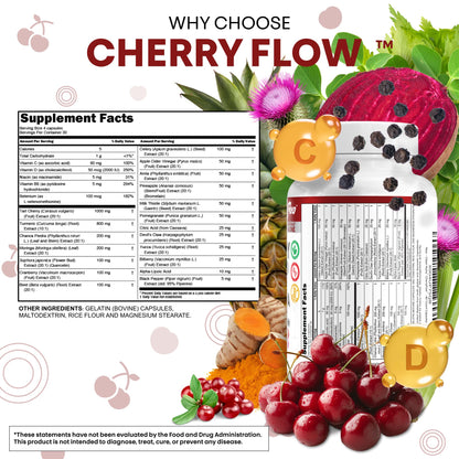 Cherry Flow Tart Cherry Capsules Uric Acid Support Celery Seed Turmeric Chanca Piedra Vitamin D Vitamin B6 Niacin Milk Thistle Moringa Extract Pomegranate Beets 90 Count By Clean Nutra - dailyvitalstore