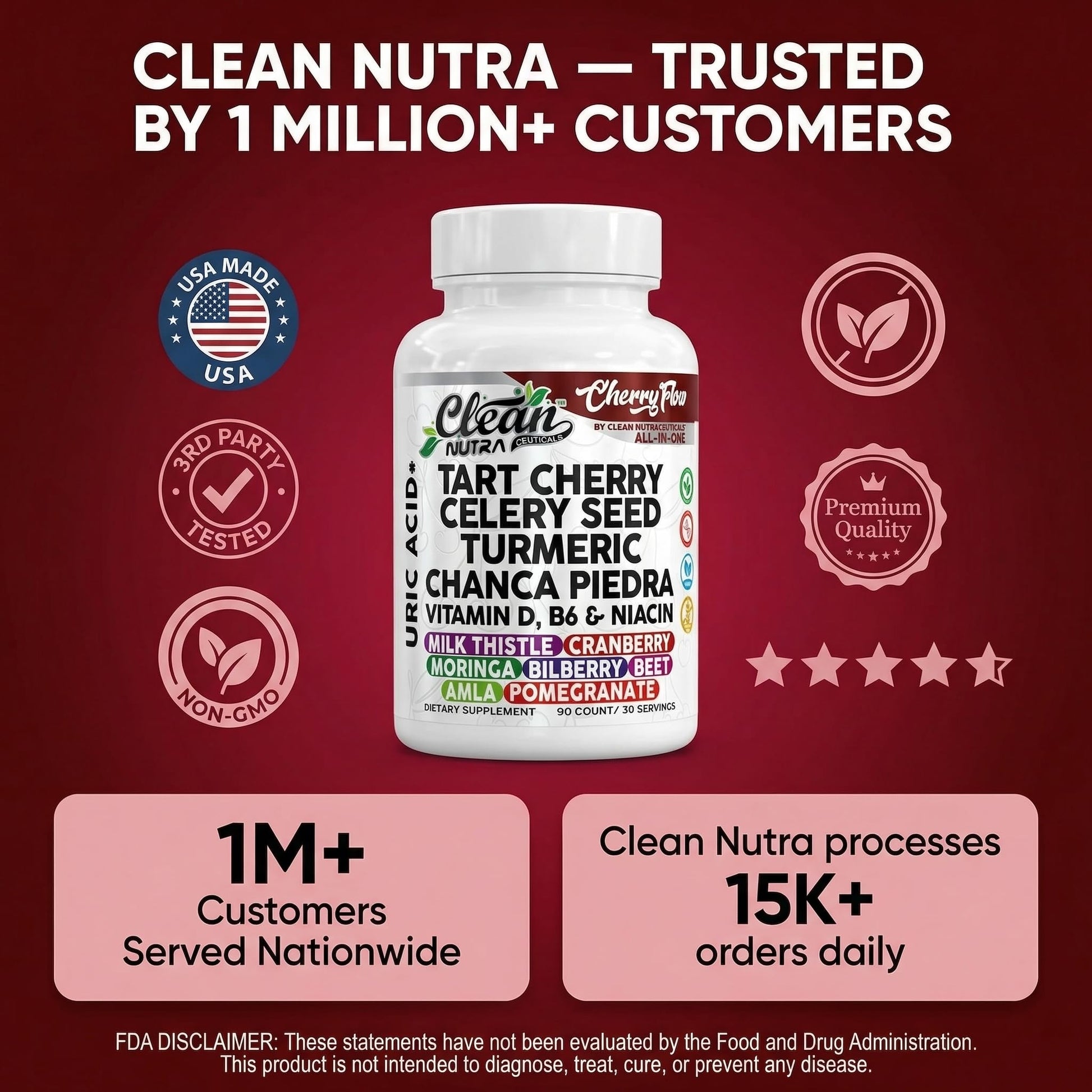 Cherry Flow Tart Cherry Capsules Uric Acid Support Celery Seed Turmeric Chanca Piedra Vitamin D Vitamin B6 Niacin Milk Thistle Moringa Extract Pomegranate Beets 90 Count By Clean Nutra - dailyvitalstore