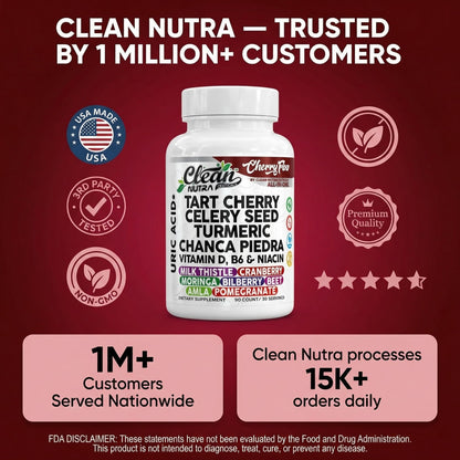 Cherry Flow Tart Cherry Capsules Uric Acid Support Celery Seed Turmeric Chanca Piedra Vitamin D Vitamin B6 Niacin Milk Thistle Moringa Extract Pomegranate Beets 90 Count By Clean Nutra - dailyvitalstore