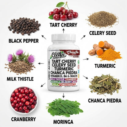 Cherry Flow Tart Cherry Capsules Uric Acid Support Celery Seed Turmeric Chanca Piedra Vitamin D Vitamin B6 Niacin Milk Thistle Moringa Extract Pomegranate Beets 90 Count By Clean Nutra - dailyvitalstore