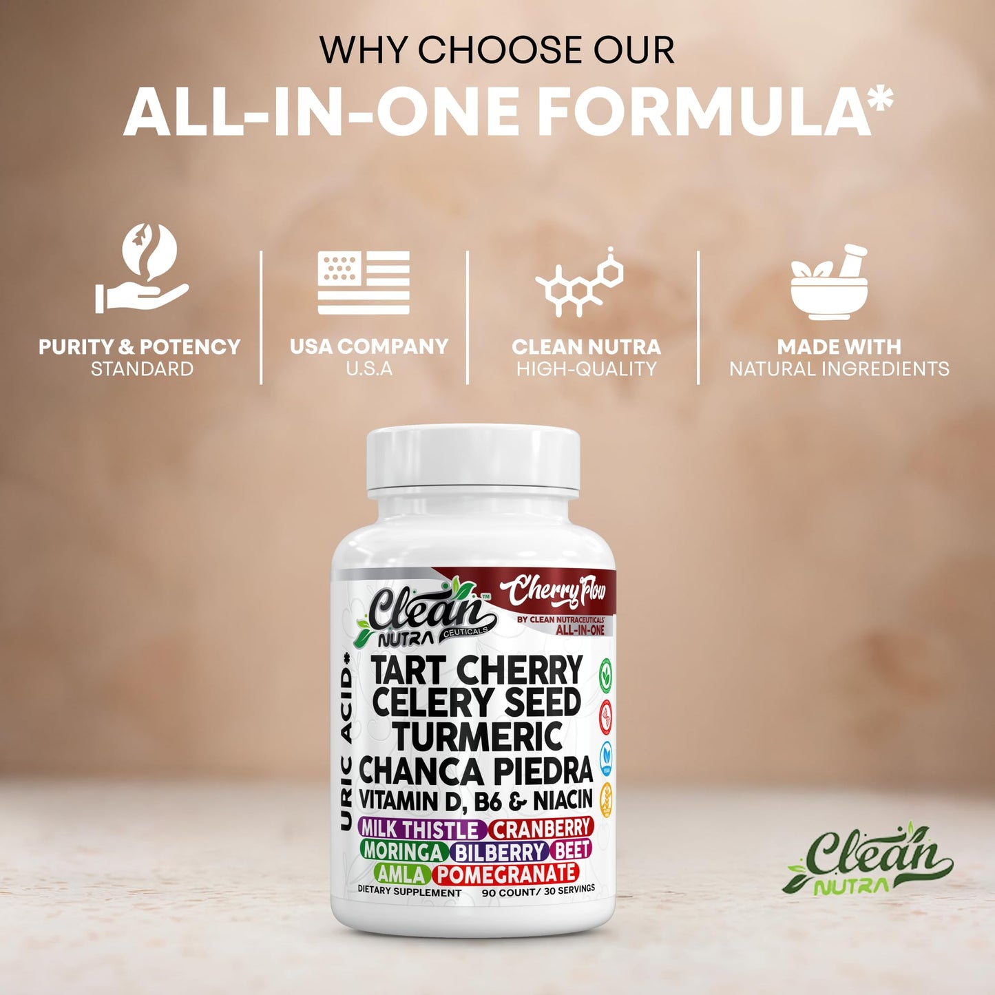 Cherry Flow Tart Cherry Capsules Uric Acid Support Celery Seed Turmeric Chanca Piedra Vitamin D Vitamin B6 Niacin Milk Thistle Moringa Extract Pomegranate Beets 90 Count By Clean Nutra - dailyvitalstore
