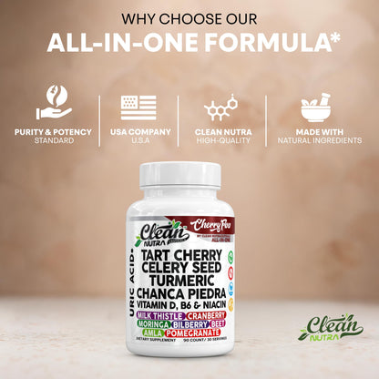 Cherry Flow Tart Cherry Capsules Uric Acid Support Celery Seed Turmeric Chanca Piedra Vitamin D Vitamin B6 Niacin Milk Thistle Moringa Extract Pomegranate Beets 90 Count By Clean Nutra - dailyvitalstore