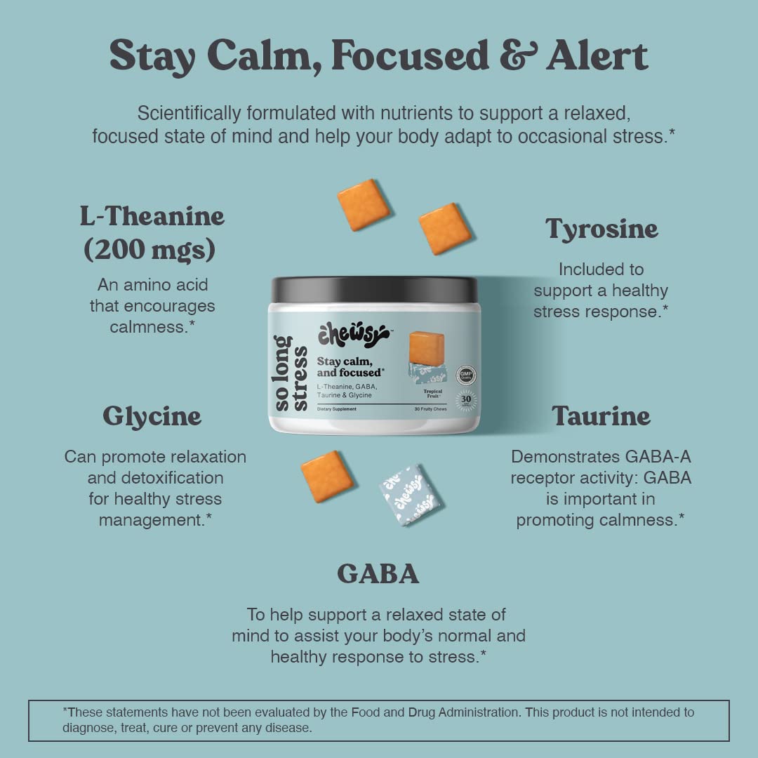 Chewsy So Long Stress, Calm Fruity Chews, Stay Calm & Focused. w/L-theanine, Amino Acid, GABA, Glycine, Tyrosine, Taurine & Magnesium. Non-GMO and Gluten-Free. Tropical Fruity Chews, 30-Day Supply - dailyvitalstore