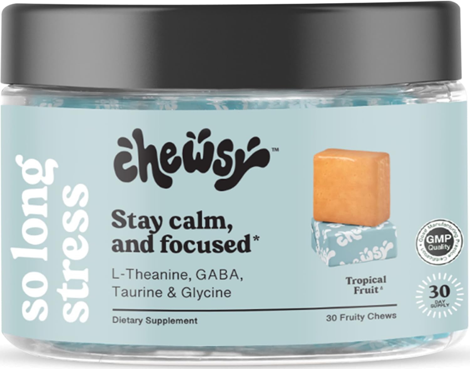 Chewsy So Long Stress, Calm Fruity Chews, Stay Calm & Focused. w/L-theanine, Amino Acid, GABA, Glycine, Tyrosine, Taurine & Magnesium. Non-GMO and Gluten-Free. Tropical Fruity Chews, 30-Day Supply - dailyvitalstore