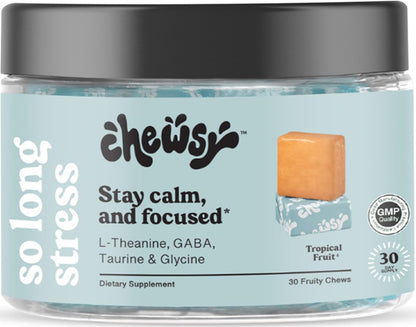 Chewsy So Long Stress, Calm Fruity Chews, Stay Calm & Focused. w/L-theanine, Amino Acid, GABA, Glycine, Tyrosine, Taurine & Magnesium. Non-GMO and Gluten-Free. Tropical Fruity Chews, 30-Day Supply - dailyvitalstore