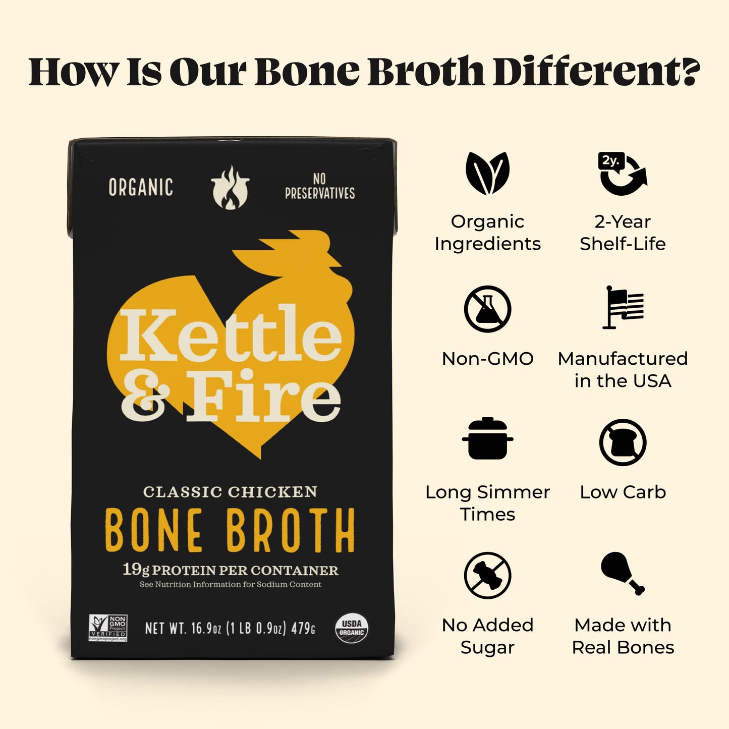 Chicken Bone Broth Soup by Kettle and Fire, Pack of 6, Keto Diet, Paleo Friendly, Whole 30 Approved, Gluten Free, with Collagen, 10g of protein, 16.9 Ounce (Pack of 6) - dailyvitalstore
