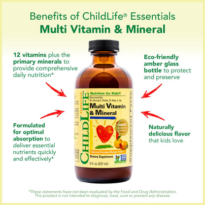 CHILDLIFE ESSENTIALS Kids Multivitamin & Mineral - Kids Vitamins, Liquid Multivitamin for Kids, Toddler Multivitamins, Liquid Vitamins, Baby Multivitamin - Natural Orange & Mango, 8 Fl Oz (Pack of 4) - dailyvitalstore