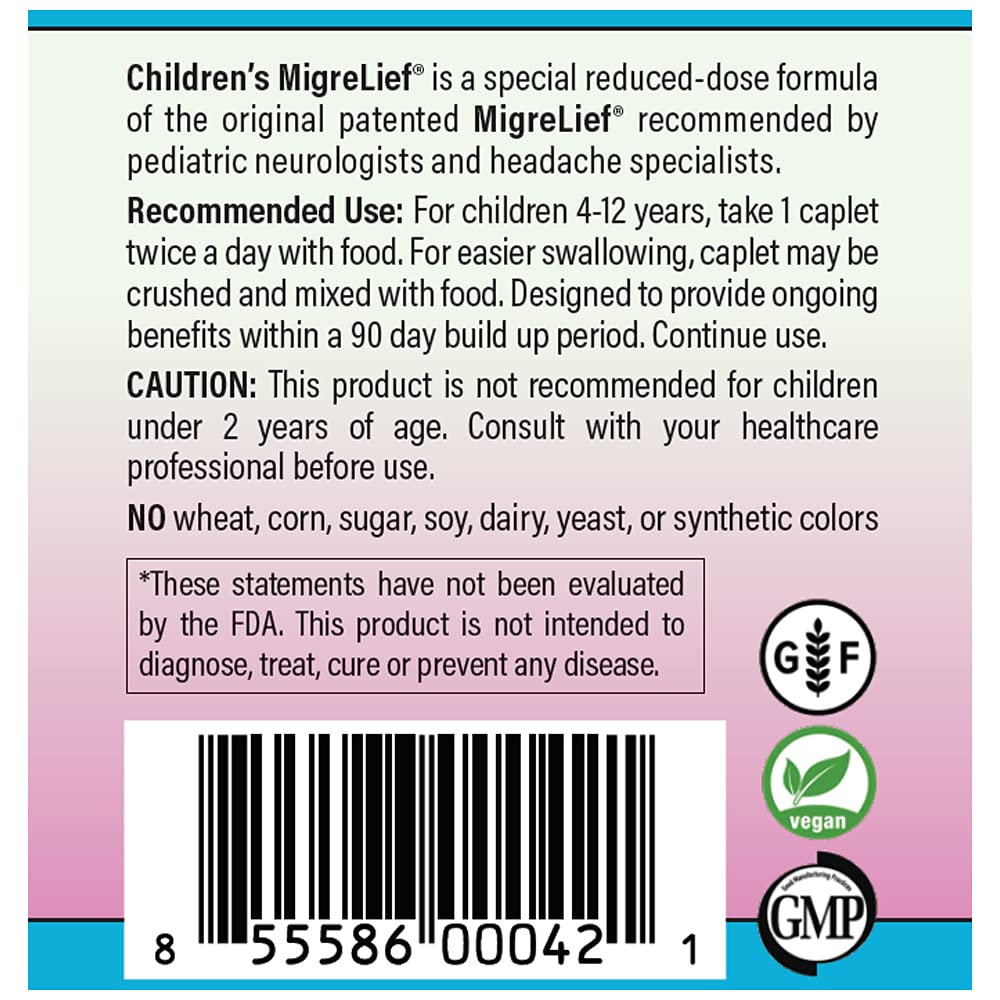 Children's MigreLief® - Triple Therapy with Puracol™ - Nutritional Support for Pediatric Migraine Sufferers - 60 Caplets/1 Month Supply - dailyvitalstore