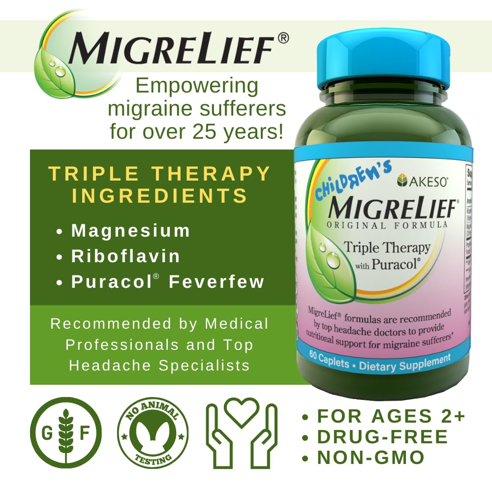 Children's MigreLief® - Triple Therapy with Puracol™ - Nutritional Support for Pediatric Migraine Sufferers - 60 Caplets/1 Month Supply - dailyvitalstore