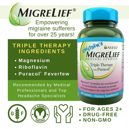 Children's MigreLief® - Triple Therapy with Puracol™ - Nutritional Support for Pediatric Migraine Sufferers - 60 Caplets/1 Month Supply - dailyvitalstore