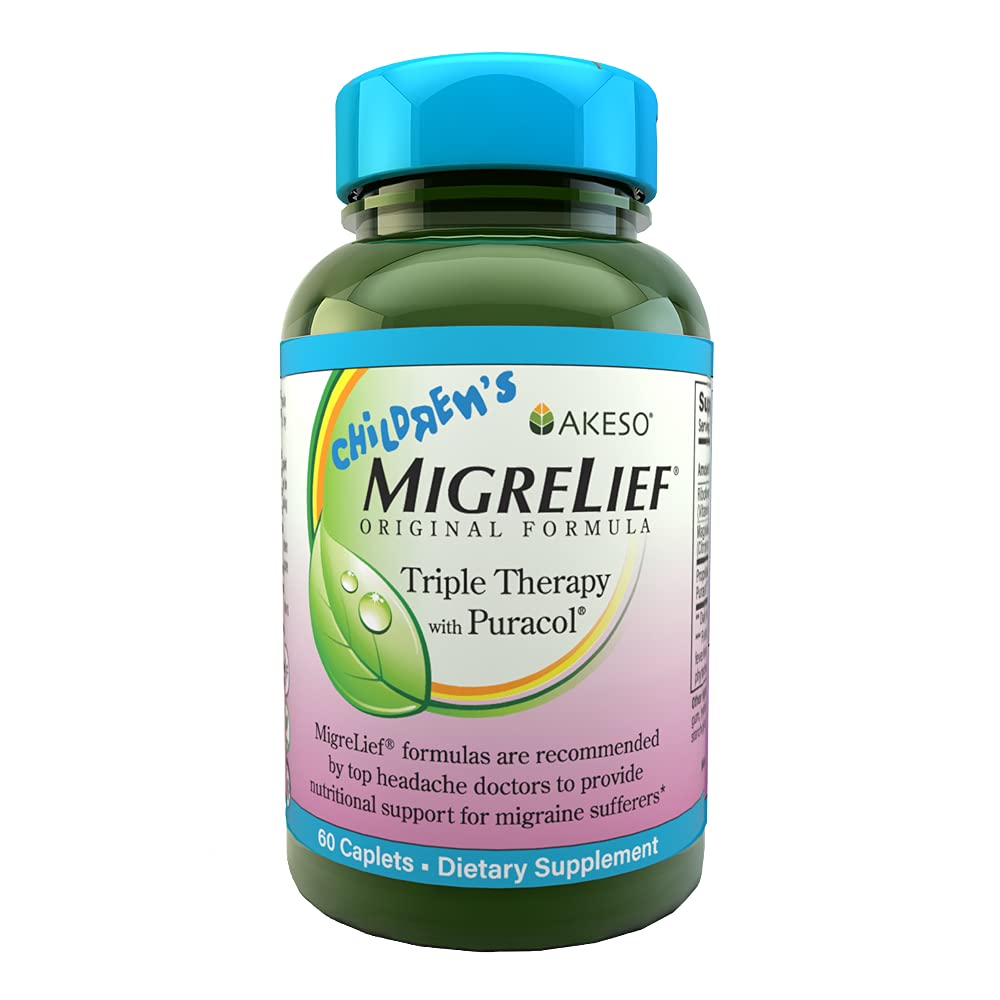 Children's MigreLief® - Triple Therapy with Puracol™ - Nutritional Support for Pediatric Migraine Sufferers - 60 Caplets/1 Month Supply - dailyvitalstore