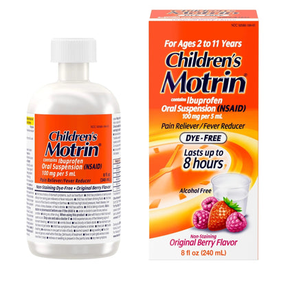 Children's Motrin Oral Suspension 100mg Ibuprofen Medicine, NSAID Fever Reducer & Pain Reliever for Minor Aches & Pains Due to Cold & Flu, Dye Free, Alcohol-Free, Berry Flavored, 8 fl. oz - dailyvitalstore
