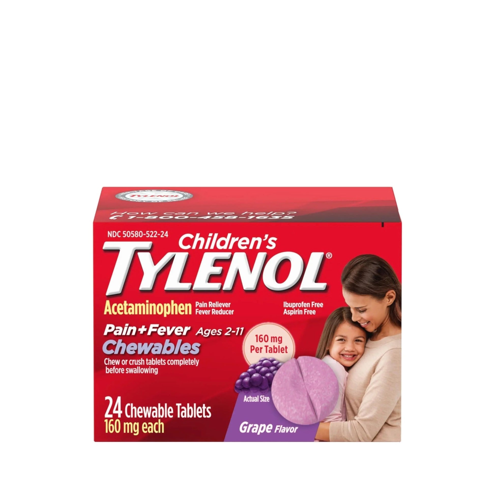 Children's Tylenol Chewables with 160 mg Acetaminophen, Pain Reliever & Fever Reducer for Kids' Cold + Flu Symptoms, Headache, Sore Throat & Toothache, Aspirin-Free, Grape Flavor, 24 ct - dailyvitalstore